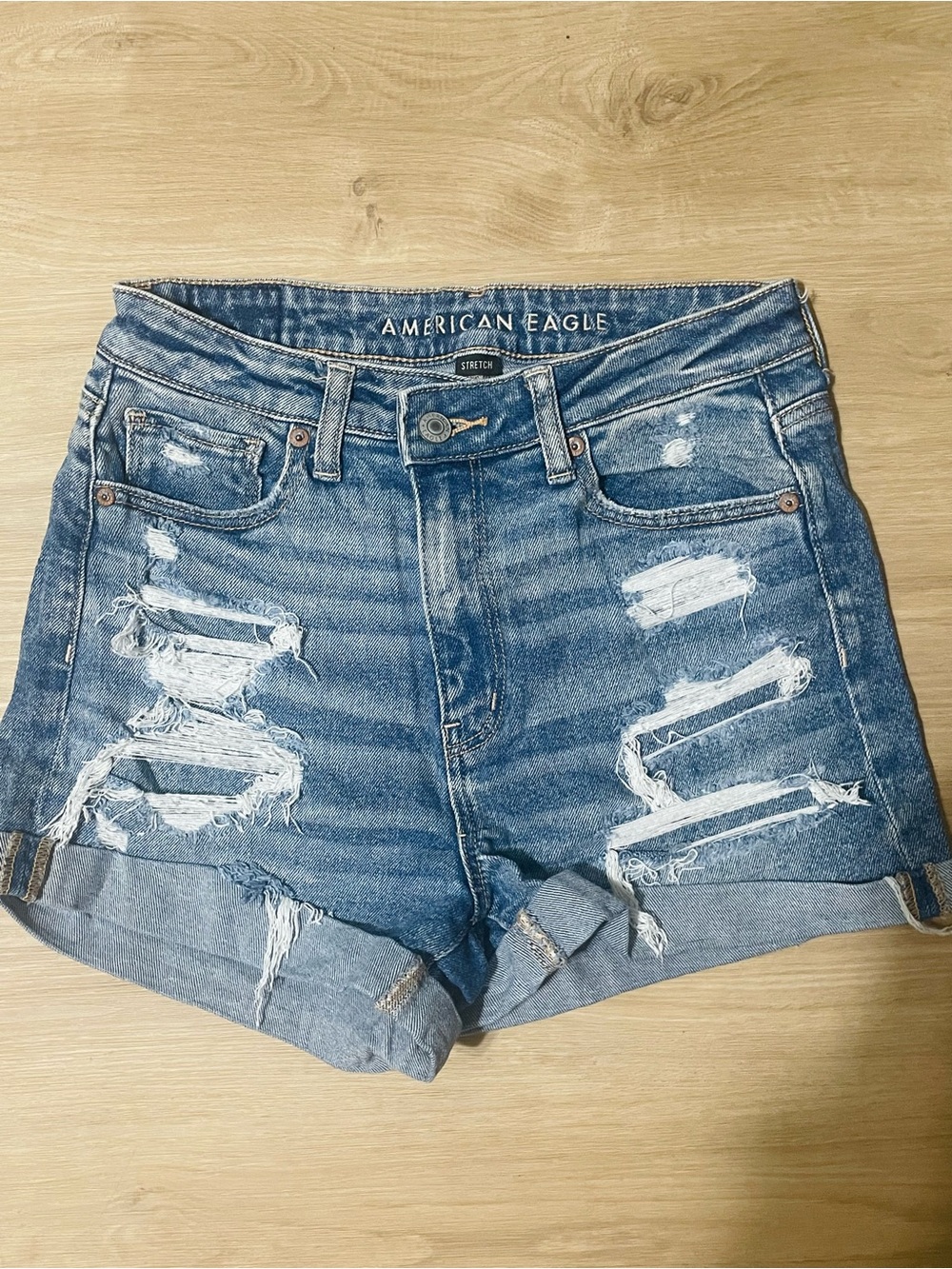 American Eagle Outfitters Ripped Cuffed Denim Shorts - Blue